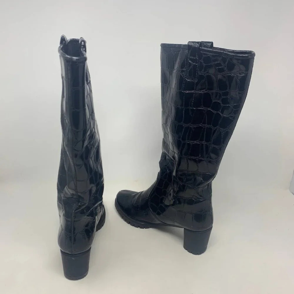 Stuart Weitzman Black Croc Leather Heeled Boots Size US 6 - Picture 6 of 10